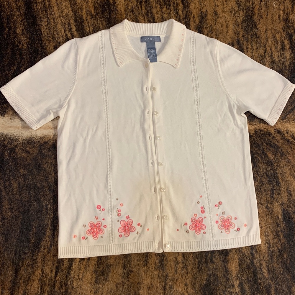 Koret size Medium white short sleeve button up lightweight sweater with collar - Picture 1 of 9